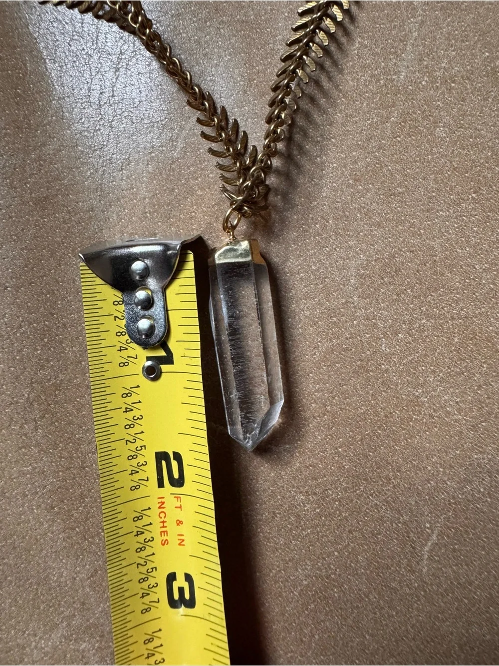 Crystal Quartz pendant necklace gold brass Fishbone chain